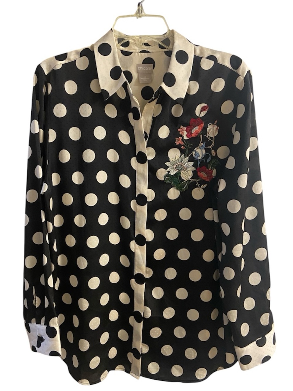 Chico's Polka Dot Long Sleeve Blouse Embroidered Floral Accent Large - Picture 2 of 8